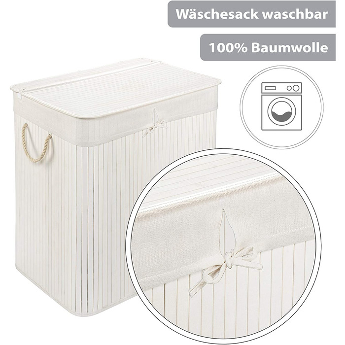 Бамбуковий кошик для білизни PANA ECO з кришкою, складний, 150 л, білий, для ванної, з мішком, 100% бамбук