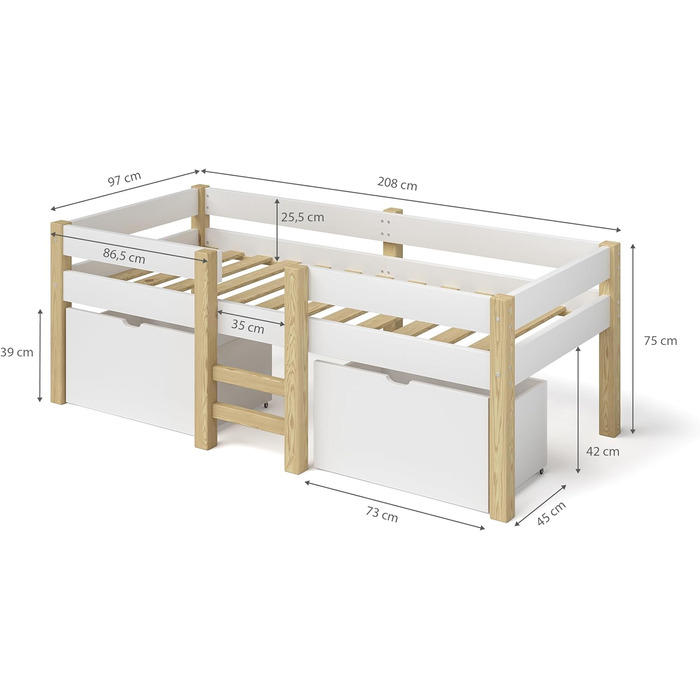 Дитяче ліжко Bellabino 90x200 Aspy, біле напіввисоке з бортиком, масив дерева, з ламелями та 2 шухлядами, для хлопчиків і дівчаток, ліжко з місцем для зберігання