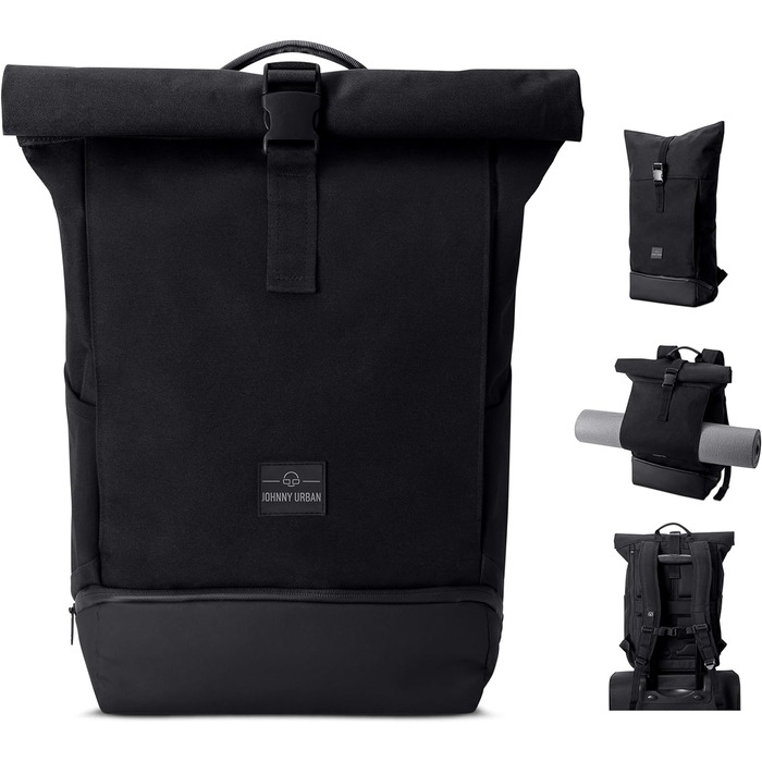 Рюкзак Johnny Urban Allen Medium чорний, водовідштовхувальний, 15л, rolltop, з відділенням для ноутбука, для університету, велосипеду, бізнесу, унісекс, екологічний
