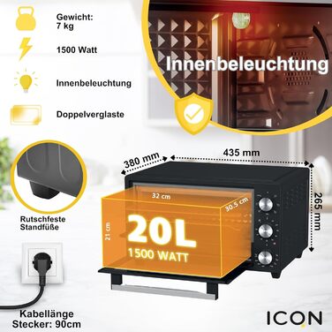 Міні-піч ICQN 20L з конвекцією, грилем та таймером, 1500W, IQ M2051R02N