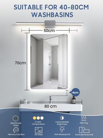 Дзеркало для ванної кімнати Habison з підсвічуванням LED, 50x70 см, сенсорне керування, регулювання кольору світла, пам'ять, протитуманне покриття, матове, без Bluetooth