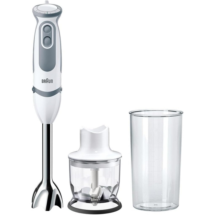 Блендер Braun MultiQuick 5 Vario MQ 5220WH, 1000 Вт, з нержавіючою насадкою, біло-сірий, комплект 2 аксесуари