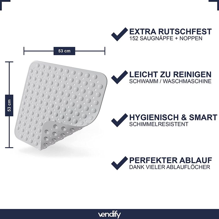 Преміум килимок для душу Vendify, нековзкий, 53x53 см, квадратний, для душу та ванни, BPA Free, з 152 присосками, стійкий до плісняви, машинне прання