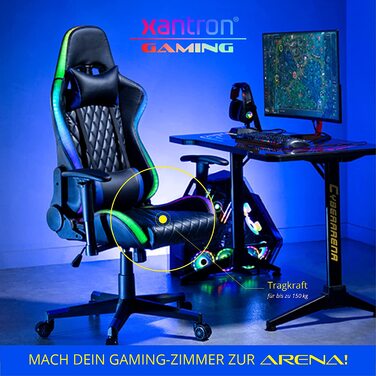 Ігровий крісло Xantron® з RGB підсвічуванням, чорний, PVC шкіра, до 150 кг, регульоване газовою пружиною