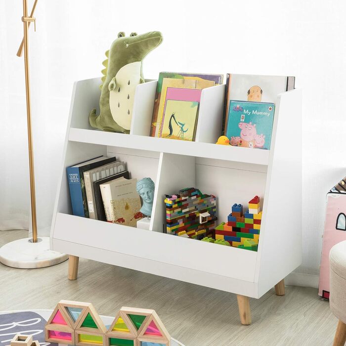Дитячий стелаж SoBuy KMB19-W з 5 полицями, білий, масив дерева, 86x77x36 см – книжкова шафа та органайзер для іграшок