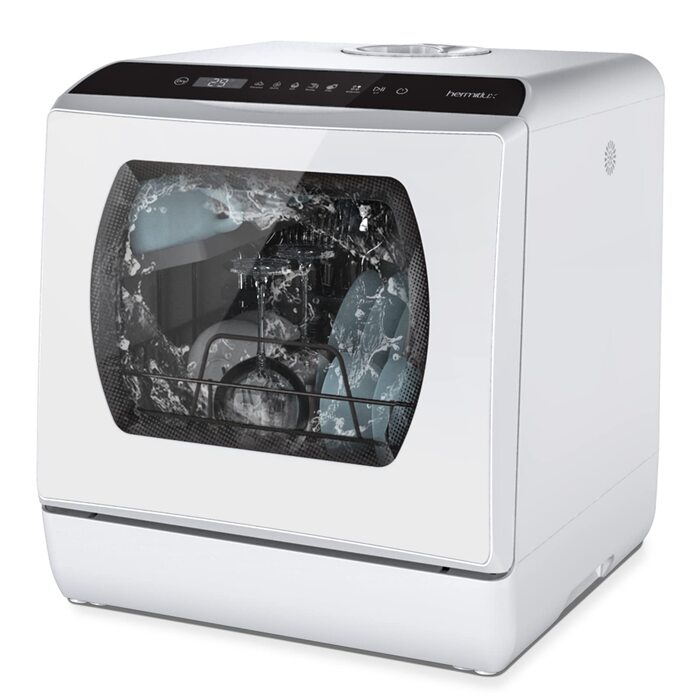Посудомийна машина Hermitlux Mini: компактна для 4 комплектів, 5л бак, 6 програм, біла. Ідеально для квартир, гуртожитків, кемпінгу