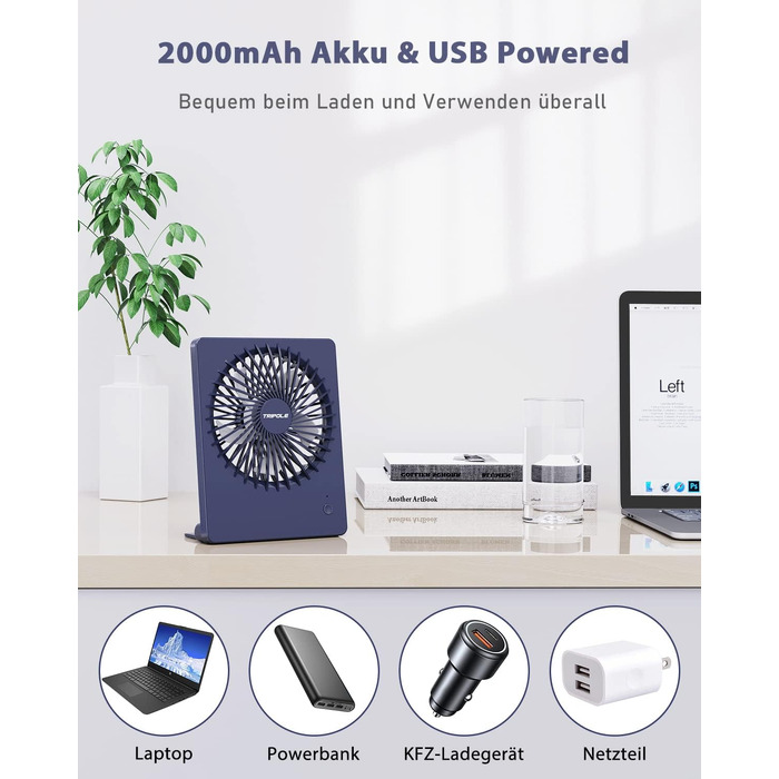 Вентилятор настільний TriPole з акумулятором USB, 2000mAh, 3 швидкості, низький рівень шуму (30дБ), кут нахилу 80°, для офісу, подорожей, темно-синій