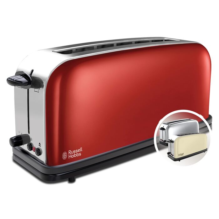 Тостер Russell Hobbs Colours+ Нержавіюча сталь, Червоний – 2 широкі слоти, підставка для булочок, 6 режимів, розморожування, 1000 Вт