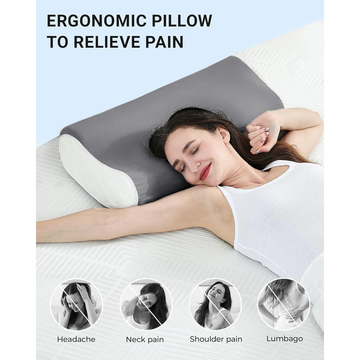 Подушка ортопедична Elviros з піною Memory Foam для сну на боку та спині, регульована, знімний чохол сірий