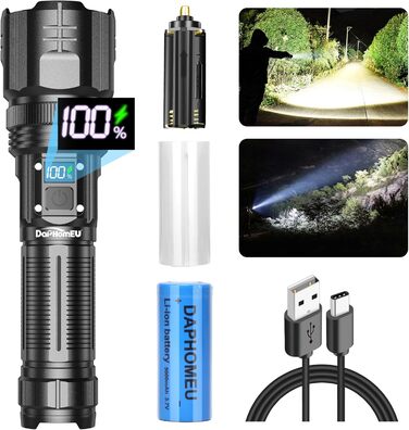Ліхтарик daphomeu LED, акумуляторний, 500000 люмен, надяскравий, тактичний, зум, водонепроникний, 5 режимів, для кемпінгу, туризму, екстрених ситуацій (1 шт.)