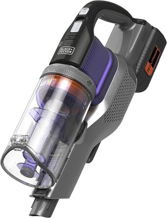 Акумуляторний пилосос BLACK+DECKER 4в1 для дому та тварин, 36В, 2.0А·год, без мішка, з електрощіткою для шерсті, 2в1 щілинна насадка, настінне кріплення, сріблясто-фіолетовий