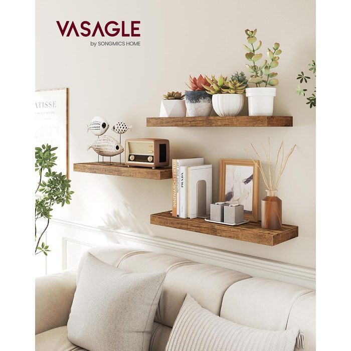 Настінна полиця VASAGLE, 3 шт. у наборі, 20 x 80 x 3,8 см, вінтажний колір, для фотографій, декору, вітальні, кабінету, кухні