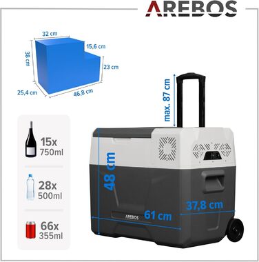 Автомобільний компресор-холодильник Arebos 39л з колесами: Електрична морозильна камера з APP, USB, -20°C (12/24V, 230V) для авто, кемпінгу, човна