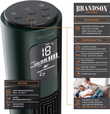 Турмовентилятор Brandson з пультом, 96 см, 3 швидкості, осциляція 60°, мобільний стовповий вентилятор, зелений, переможець 2024 року
