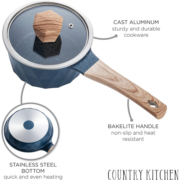 Набір посуду індукційного Country Kitchen Navy Diamond 13 предметів: каструлі та сковороди з антипригарним алюмінієвим покриттям, бакелітові ручки, скляні кришки (синій)