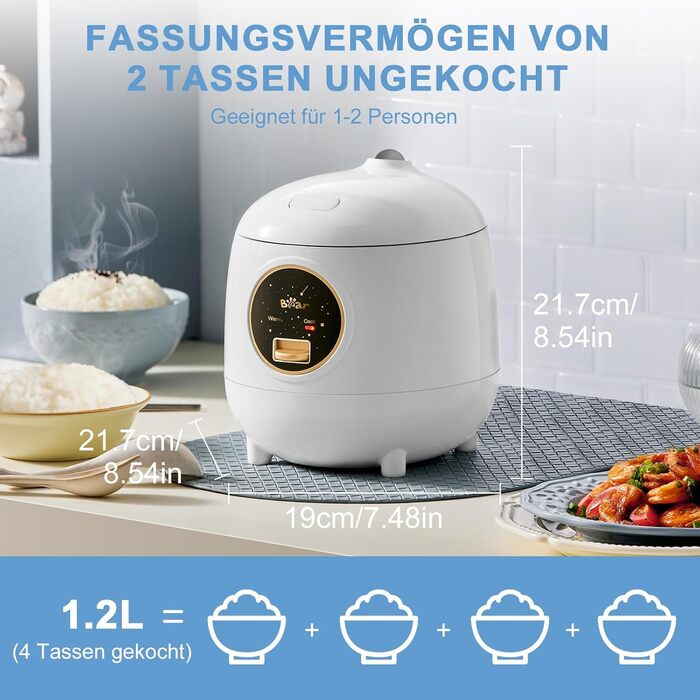 Рисварка Bear 1.2л (2 чашки) біла: мініатюрна, з антипригарним покриттям, BPA-free, портативна