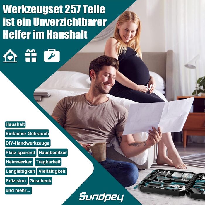 Набір інструментів Sundpey 257 предметів у кейсі: набір гайкових ключів, викруток, шестигранників, плоскогубців (синій)