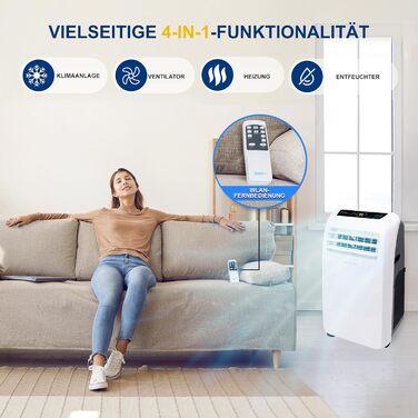 Мобільний кондиціонер SereneLife 9000 BTU 4-в-1: охолодження, обігрів, вентилятор і осушувач повітря, з пультом ДУ, для кімнат до 20 м², білий, комплект для віконного монтажу