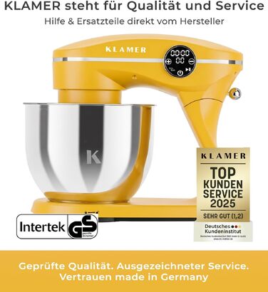 Кухонний комбайн KLAMER 1800W: планетарний міксер для тіста з чашею з нержавіючої сталі 6л, 10 швидкостей, таймером та набором насадок (Premium Yellow)
