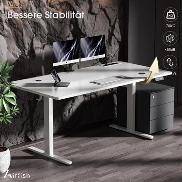 Електричний стіл Airfish з регулюванням висоти, бездрожною зарядкою та USB-роз'ємом 160 x 80 см. Комп'ютерний стіл з пам'яттю та функцією нагадування про відпочинок, білий