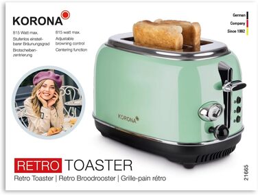 Тостер Korona 21665 на 2 скибки, м'ятний, 810 Вт, регулювання ступеня підсмажування, функції розморожування, підігріву, підставка для булочок, піддон для крихт, центрування хліба