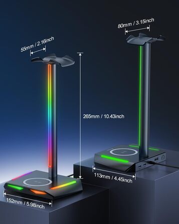 Підставка для навушників New bee RGB з бездротовою зарядкою, геймерська стійка для гарнітури з USB, 2 Type-C, 11 режимів підсвітки, чорна (Z12)