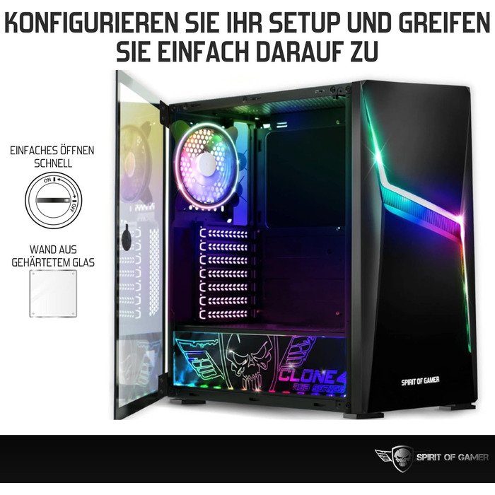 Корпус для ПК Spirit of Gamer Clone 4 RGB, прозора стінка із загартованого скла, для ігрового комп'ютера, середній Tower, сумісний з ATX/MATX/ITX, 2 адресовані вентилятори 120 мм у комплекті
