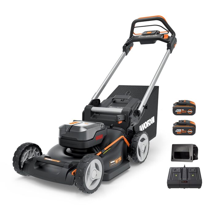 Акумуляторний газонокосарка WORX WG749E 40V PowerShare з приводним колесом, безщітковий двигун, ширина зрізу 46 см, 7 положень висоти зрізу, чорний колір, акумулятор та зарядний пристрій в комплекті
