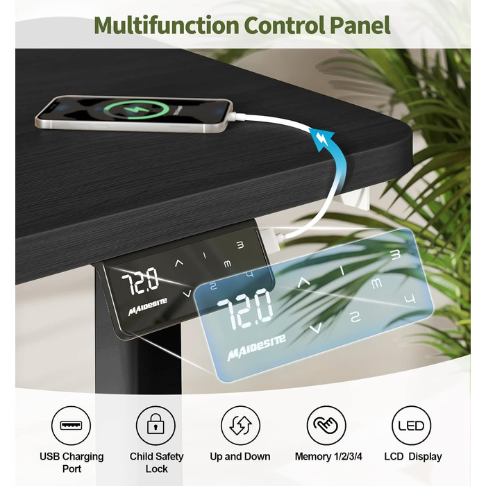 MAIDeSITe електричний стіл для роботи стоячи та сидячи, 160x80 см, з LED-панеллю пам'яті, регулювання висоти, модель S1 Pro