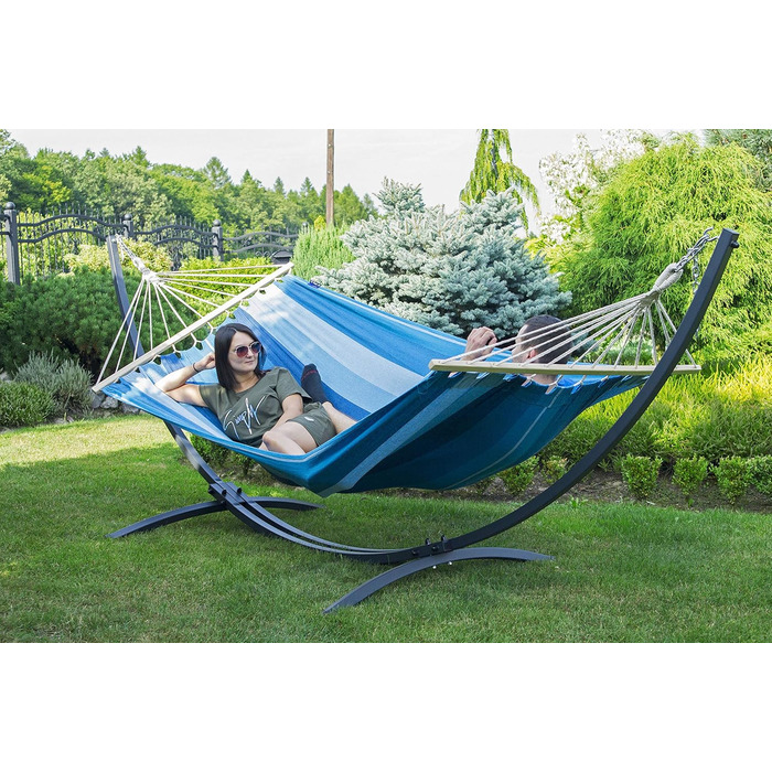 Гамак Potenza Outdoor з підставкою для 2 осіб XXL (220x160 см), витримує до 200 кг, стійкий до погодних умов (синій, чорна рама)