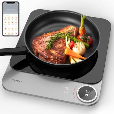 Індукційна плита TOKIT 2100Вт, портативна, 99 рівнів потужності, OLED-дисплей, таймер, ультратонка 20мм, керування через додаток, температурний сенсор, скляна поверхня