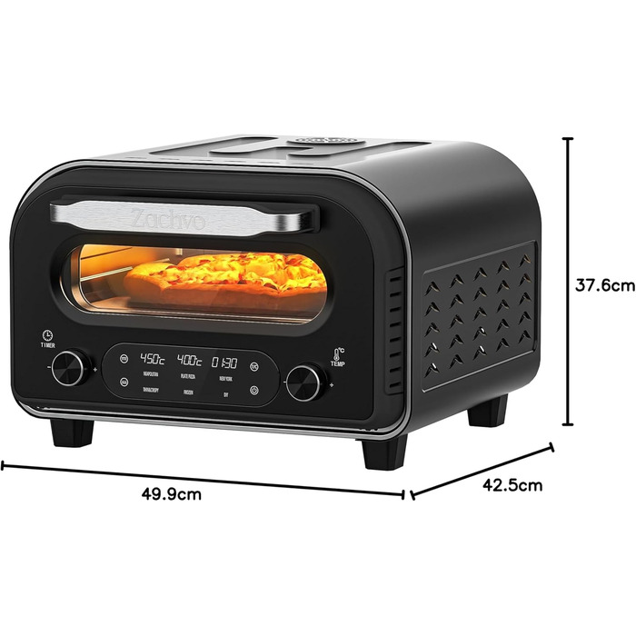 Електрична піч для піци 450°C з оглядовим вікном та внутрішнім підсвічуванням, матово-чорна