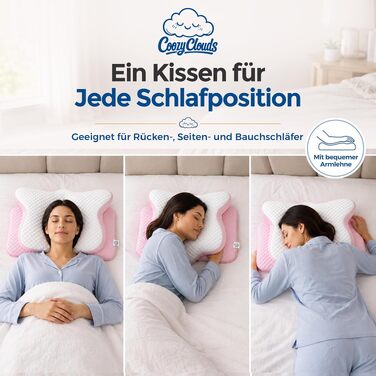 Ортопедична подушка для шиї та голови Premium з ефектом пам'яті (Memory Foam), ергономічна подушка-метелик для сну на боці та спині, рожева, зі знімним чохлом