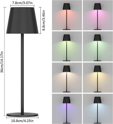 K-Bright LED акумуляторна настільна лампа, димована, бездротова, тепле світло 3000K+RGB, USB-C, алюміній, IP54, чорна, 2 шт.