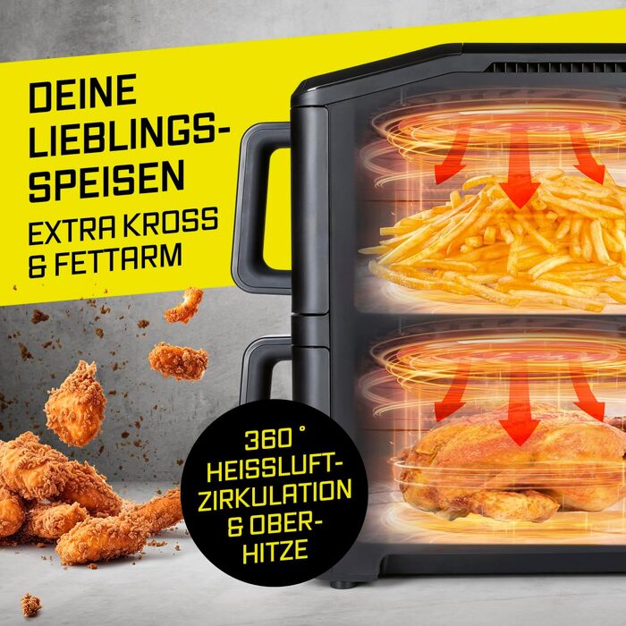 Аерофритюрниця GOURMETmaxx AirGenius 10Л з двома камерами по 5Л, сенсорним керуванням та 10 програмами приготування, подвійна чаша для родини до 8 осіб