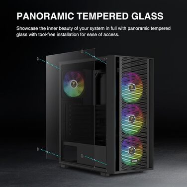 Ігровий корпус GAMDIAS AURA GC2 Elite ATX, мід-тауер, скло, 4x120 мм ARGB вентилятори, чорний, висока вентиляція