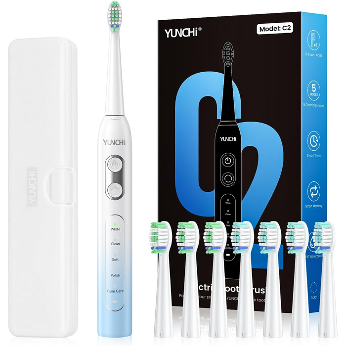Електрична зубна щітка YUNCHI - звукова, для дорослих та дітей, 40000 VPM, USB-C, 5 режимів, 8 насадок + чохол, блакитна