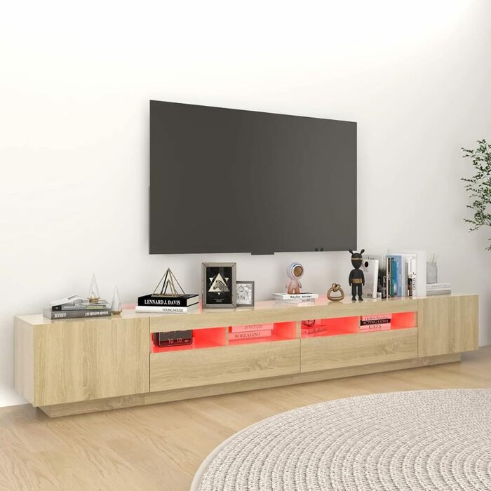 ТВ тумба SECOLI з LED підсвіткою 260x35x40 см, дуб сонома, з висувними ящиками, для вітальні, сучасний телевізійний комод