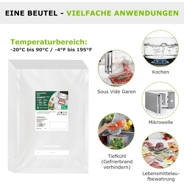 Пакети для вакууму Bonsenkitchen Profi VB3205, 28x40 см (100 шт) - для харчових продуктів, Sous Vide, міцні, без BPA
