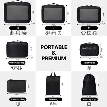 Набір органайзерів для валізи Packing Cubes (8 предметів), легкі дорожні сумки-вставки для одягу та аксесуарів, чорні