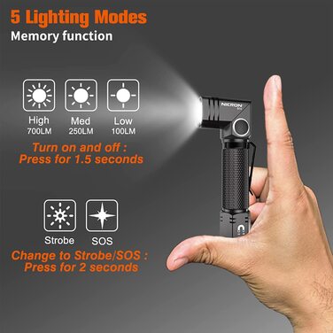 NICRON B74 LED ліхтарик 90° з магнітом, 700 люмен, 5 режимів, акумуляторний, IP65, для туризму, аварій, біле світло, з функцією пам'яті