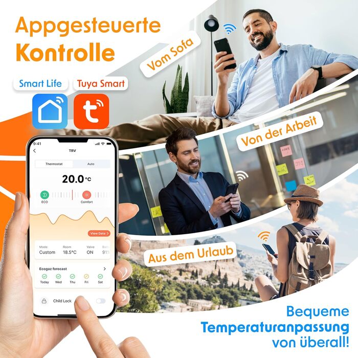 KESSER® WiFi термостат на радіатор опалення з керуванням через додаток Smart Home | Комплект з 6 вентилів для опалення, сумісний з Alexa та Google Assistant | Економія енергії та коштів, білий