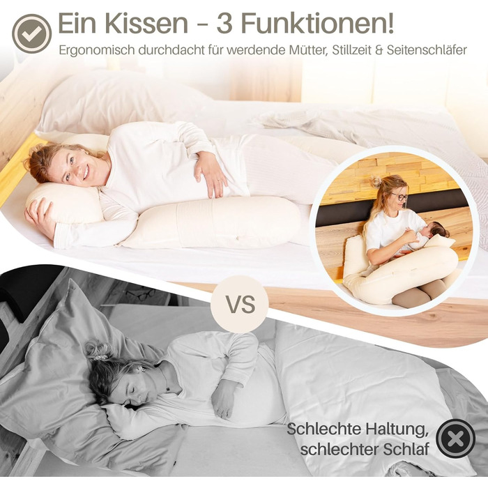 Подушка для вагітних та годування XL для сну на боці, з наповнювачем Memory Foam та чохлом з 100% бавовни, бежева