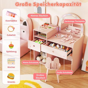 Дитячий туалетний столик DREAMADE з LED-дзеркалом, стільцем та шухлядами, рожевий стіл для макіяжу з дизайном «вушка кролика» для дітей від 3 років