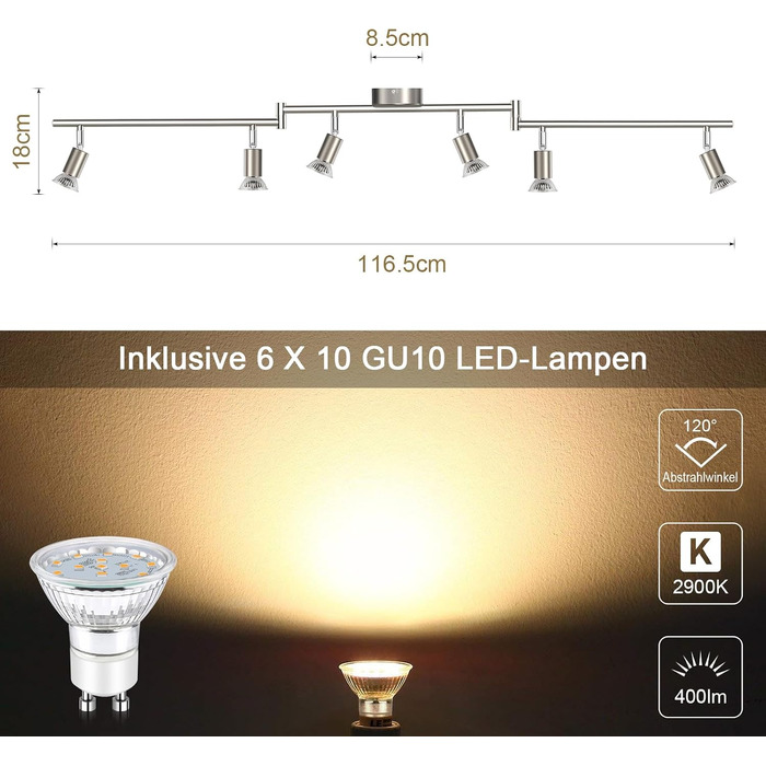 Стельовий LED світильник Defurhome на 6 спотів, поворотна сучасна люстра (матовий нікель) для кухні, вітальні та спальні, включаючи 6 ламп GU10 4W (теплий білий), сріблясто-сірий