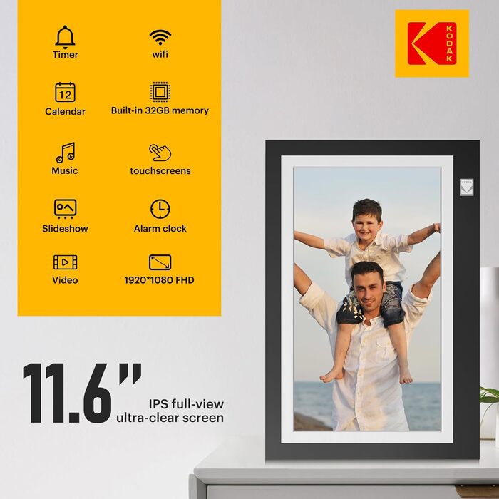 Цифровий фоторамка Kodak 10.1 дюйма з IPS-екраном, відтворення фото/музики/відео, USB/SD, календар, будильник, з пультом дистанційного керування, чорний
