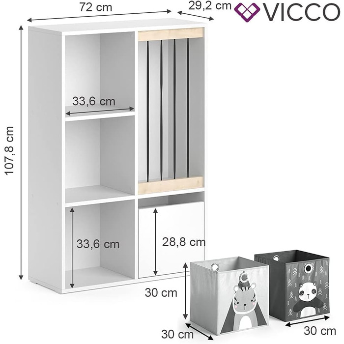 Дитяча полиця Vicco Luigi біла 72x107,8 см з 2 складними коробками, опція 5, 72x96 см з коробками Слон/Тигр