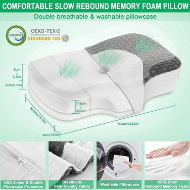 Ортопедична подушка Elviros з піни Memory Foam для шиї та плечей, ергономічна подушка проти хропіння, для сну на боці, темно-сіра 60x38,6x9,9/13,5 см
