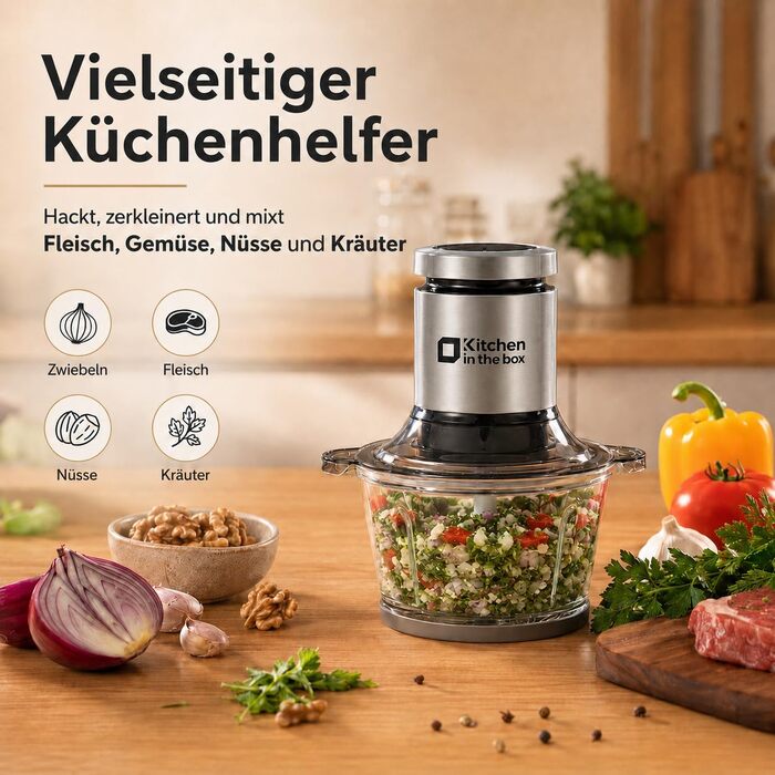 Електричний багатофункціональний подрібнювач Kitchen in the box 400W: 2 чаші по 2л (скло та нержавіюча сталь), 4 ножі, 2 режими швидкості для м'яса, овочів, горіхів та соусів, сріблястий
