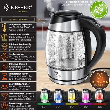 Електричний чайник KESSER 1,8л зі скляним корпусом та нержавіючої сталі, LED-підсвіткою, вибором температури (60-100°C), функцією підігріву, фільтром від накипу та ситечком для чаю, чорний/сріблястий